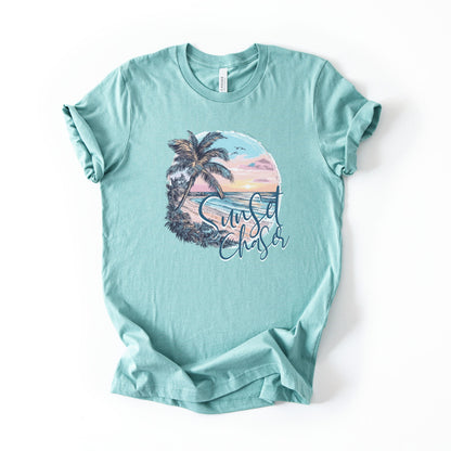 Sunset Chaser Tee, Summer Tee-Shirt, Beach Lover Gift, Island Beach Vacation Shirt, Women's Palm Tree Shirt, Gifted for Her, Beachy Shirts