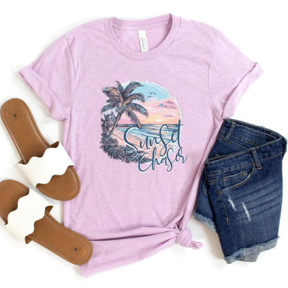 Sunset Chaser Tee, Summer Tee-Shirt, Beach Lover Gift, Island Beach Vacation Shirt, Women's Palm Tree Shirt, Gifted for Her, Beachy Shirts