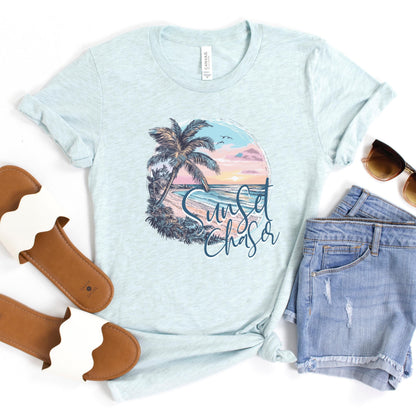 Sunset Chaser Tee, Summer Tee-Shirt, Beach Lover Gift, Island Beach Vacation Shirt, Women's Palm Tree Shirt, Gifted for Her, Beachy Shirts
