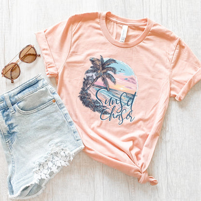 Sunset Chaser Tee, Summer Tee-Shirt, Beach Lover Gift, Island Beach Vacation Shirt, Women's Palm Tree Shirt, Gifted for Her, Beachy Shirts