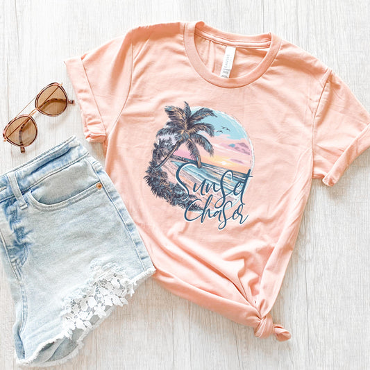 Sunset Chaser Tee, Summer Tee-Shirt, Beach Lover Gift, Island Beach Vacation Shirt, Women's Palm Tree Shirt, Gifted for Her, Beachy Shirts