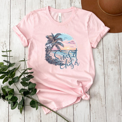 Sunset Chaser Tee, Summer Tee-Shirt, Beach Lover Gift, Island Beach Vacation Shirt, Women's Palm Tree Shirt, Gifted for Her, Beachy Shirts