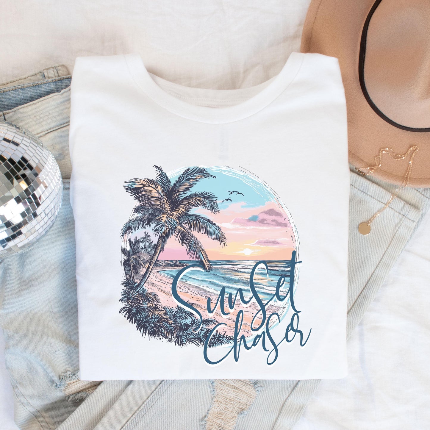 Sunset Chaser Tee, Summer Tee-Shirt, Beach Lover Gift, Island Beach Vacation Shirt, Women's Palm Tree Shirt, Gifted for Her, Beachy Shirts