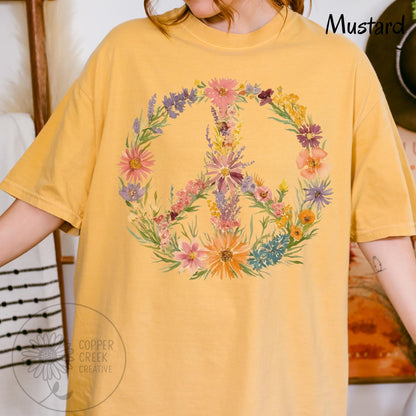 Wildflower Peace Sign T-Shirt, Boho Floral Graphic Tee, Comfort Colors