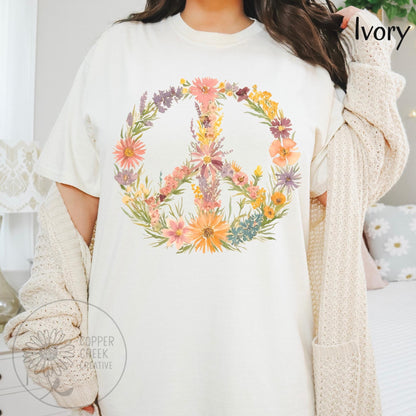 Wildflower Peace Sign T-Shirt, Boho Floral Graphic Tee, Comfort Colors