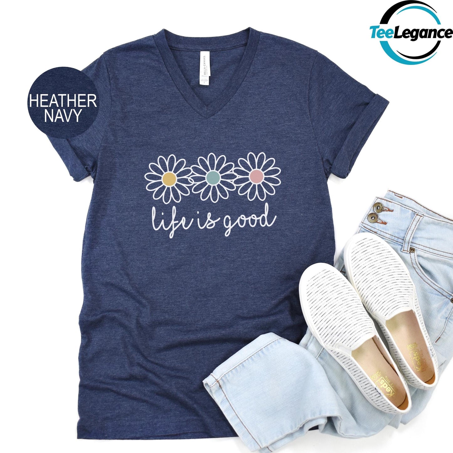 Life is Good V-Neck T-Shirt, Boho Daisy Wildflower V-Neck Shirt, Mental Health V-Neck Shirt, Preppy Daisy Flower V-Neck, Daisy Lover V-Neck