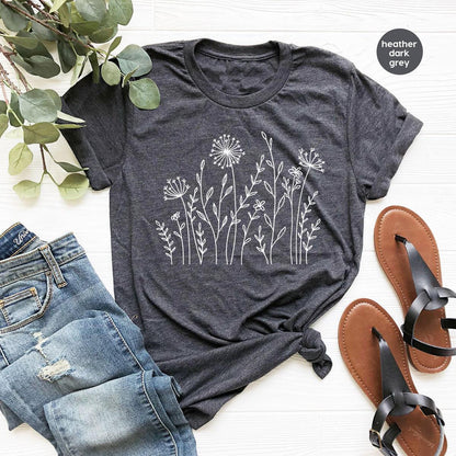 Minimalist T-Shirts, Gifts for Women, Flowers Crewneck Sweatshirt, Aesthetic Tees, Floral Shirts for Women, Wild Flowers Graphic Tees