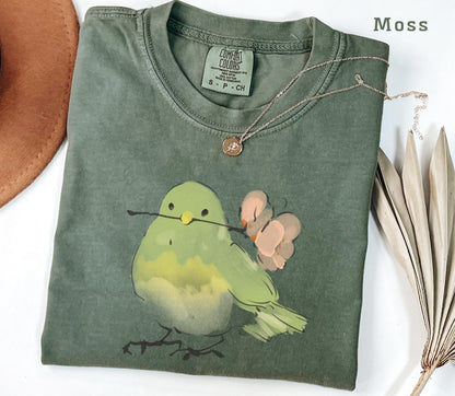 Cute Bird With Flower T-Shirt, Soft Nature Lover Gift. Comfort Colors Vintage Style Graphic Tee for Women Men, Spring Aesthetic Shirt