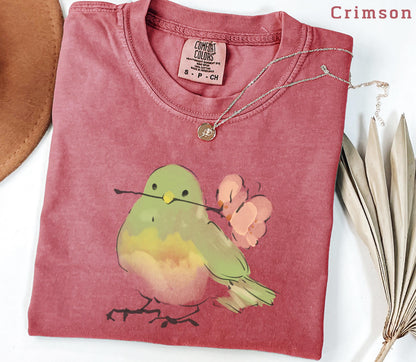 Cute Bird With Flower T-Shirt, Soft Nature Lover Gift. Comfort Colors Vintage Style Graphic Tee for Women Men, Spring Aesthetic Shirt
