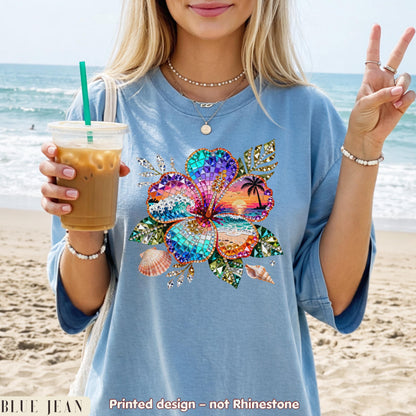 Sparkle Hibiscus Shirt Women, Beach Sunset Flower Tee, Cute Summer Graphic Shirt, Trendy Vacation Shirt, Comfort Colors