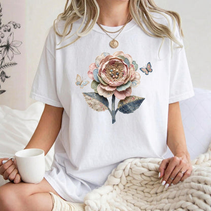 Comfort Colors Faux Quilted Patchwork Wildflower Shirt Floral Graphic Tee Vintage Aesthetic Flower Top Cottagecore Patchwork Spring Shirt