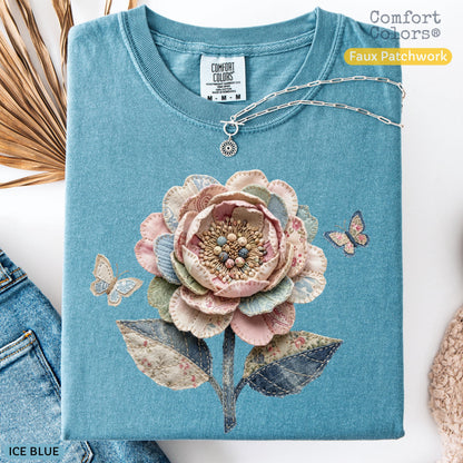 Comfort Colors Faux Quilted Patchwork Wildflower Shirt Floral Graphic Tee Vintage Aesthetic Flower Top Cottagecore Patchwork Spring Shirt