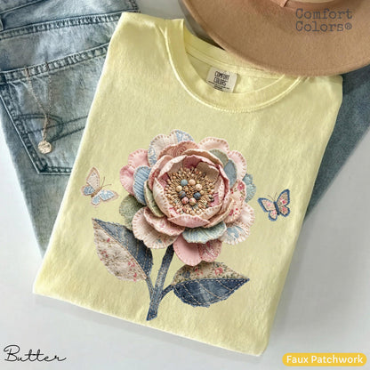 Comfort Colors Faux Quilted Patchwork Wildflower Shirt Floral Graphic Tee Vintage Aesthetic Flower Top Cottagecore Patchwork Spring Shirt