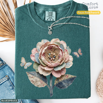 Comfort Colors Faux Quilted Patchwork Wildflower Shirt Floral Graphic Tee Vintage Aesthetic Flower Top Cottagecore Patchwork Spring Shirt